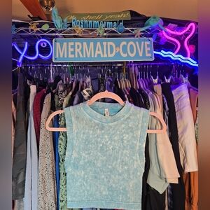 #0521 L/XL NEW ZENANA Ice Blue Stone Wash Ribbed Brami Semi Crop Buttery Soft!